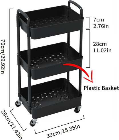 Sywhitta 3-Tier Plastic Rolling Utility Cart with Wheels for Storage,White