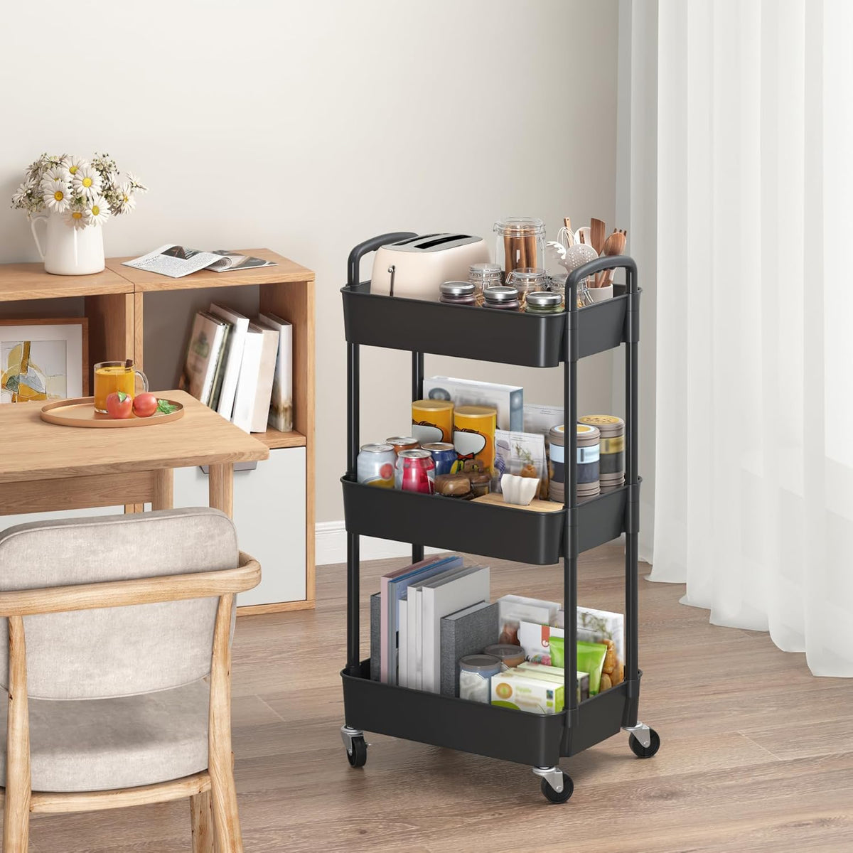 Sywhitta 3-Tier Plastic Rolling Utility Cart with Wheels for Storage,White