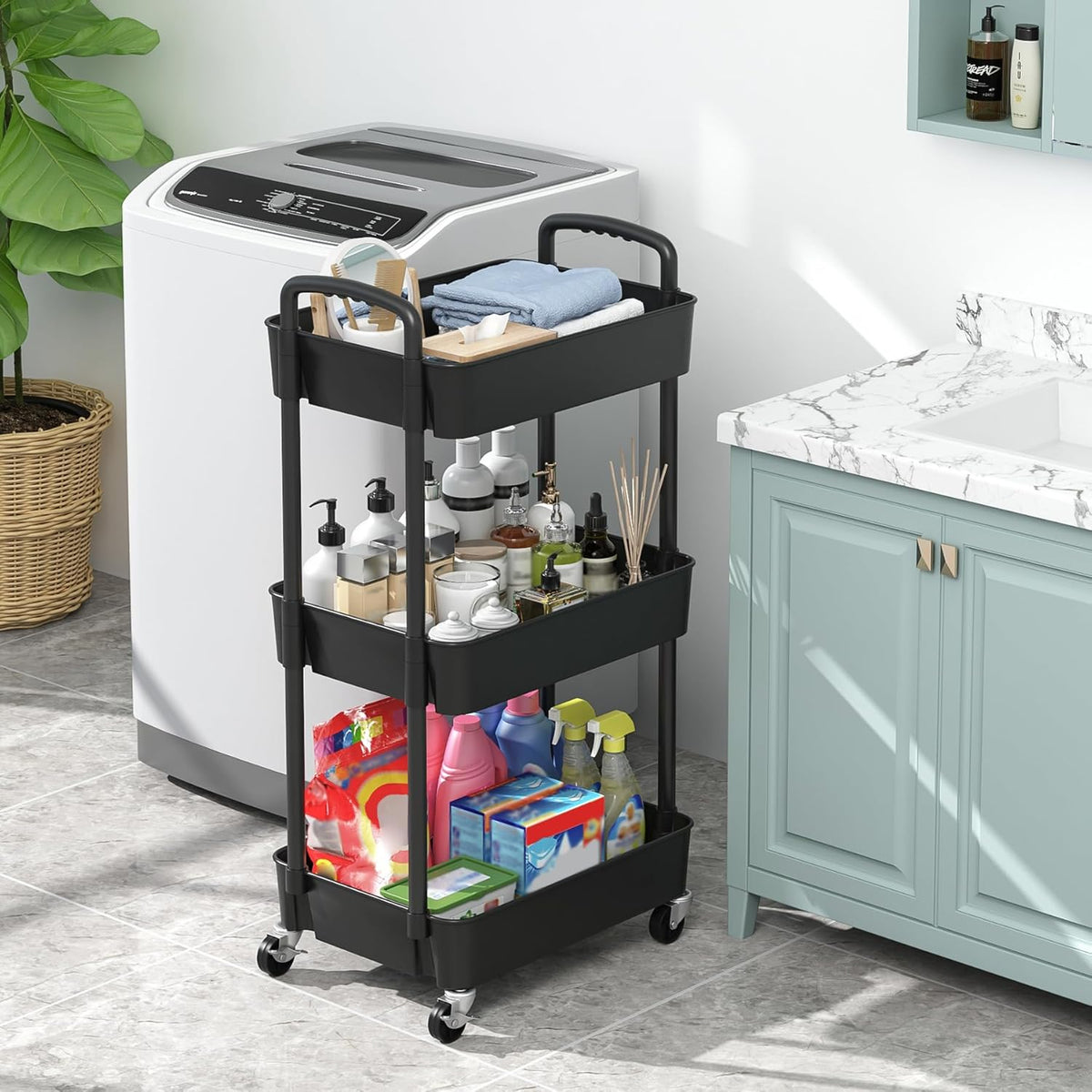 Sywhitta 3-Tier Plastic Rolling Utility Cart with Wheels for Storage,White