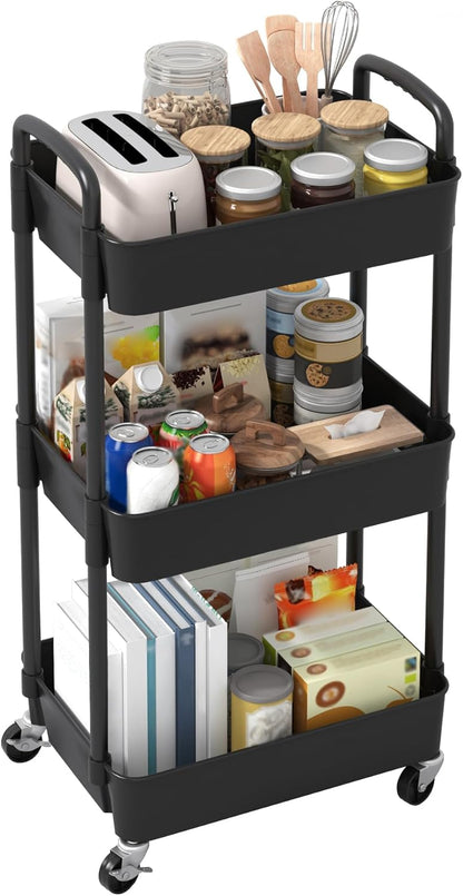 Sywhitta 3-Tier Plastic Rolling Utility Cart with Wheels for Storage,White
