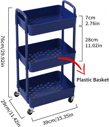 Sywhitta 3-Tier Plastic Rolling Utility Cart with Wheels for Storage,White