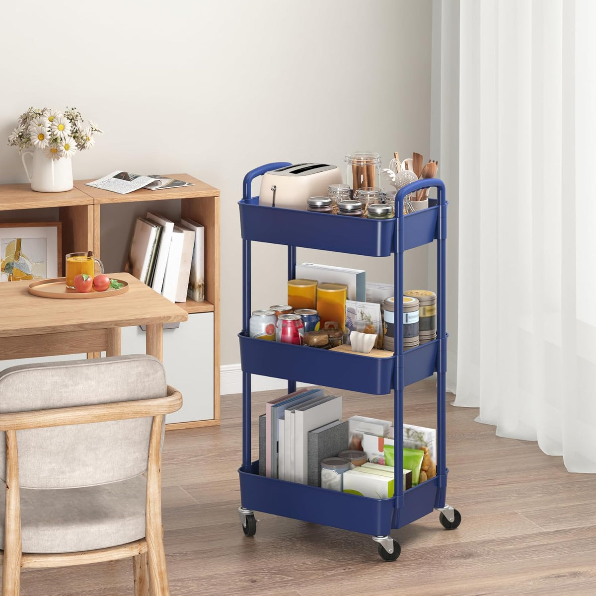 Sywhitta 3-Tier Plastic Rolling Utility Cart with Wheels for Storage,White