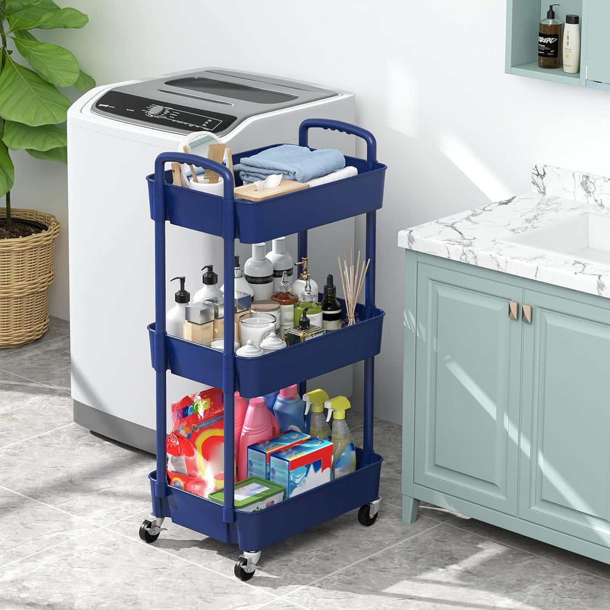 Sywhitta 3-Tier Plastic Rolling Utility Cart with Wheels for Storage,White