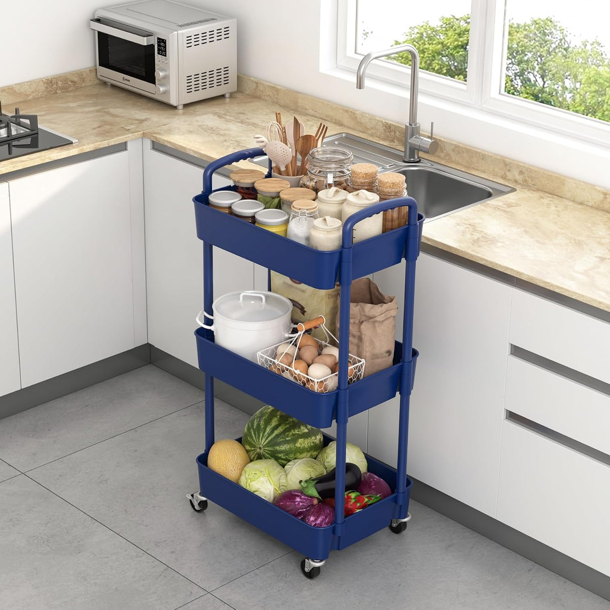 Sywhitta 3-Tier Plastic Rolling Utility Cart with Wheels for Storage,White