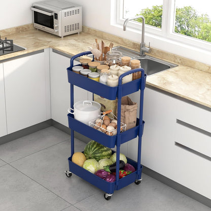 Sywhitta 3-Tier Plastic Rolling Utility Cart with Wheels for Storage,White