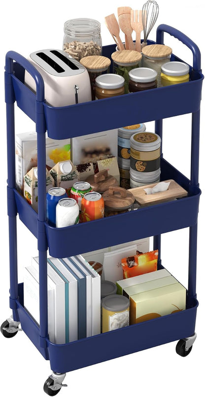 Sywhitta 3-Tier Plastic Rolling Utility Cart with Wheels for Storage,White