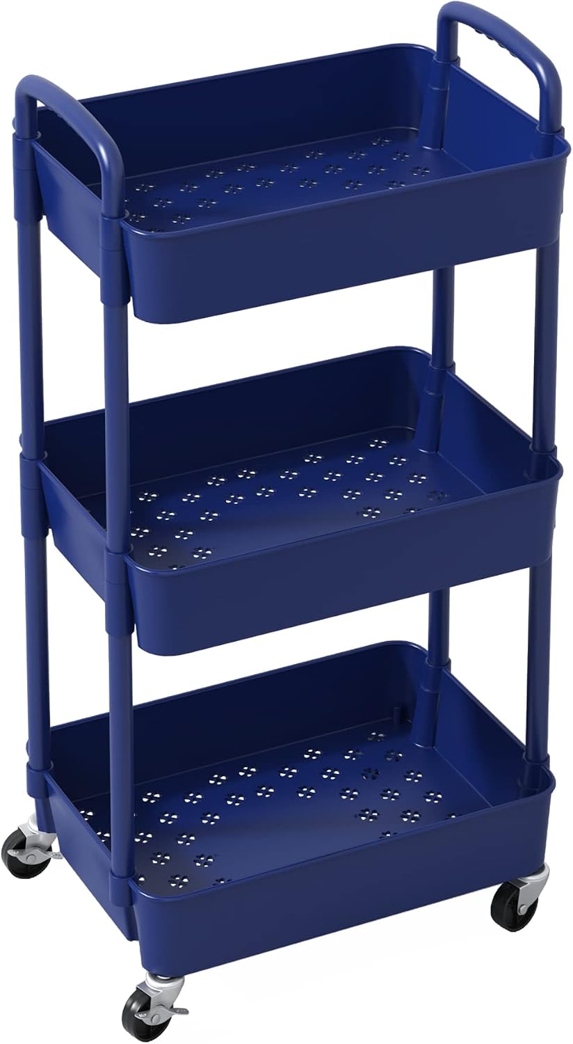 Sywhitta 3-Tier Plastic Rolling Utility Cart with Wheels for Storage,White