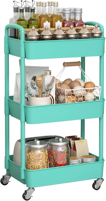 Sywhitta 3-Tier Plastic Rolling Utility Cart with Wheels for Storage,White