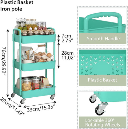 Sywhitta 3-Tier Plastic Rolling Utility Cart with Wheels for Storage,White