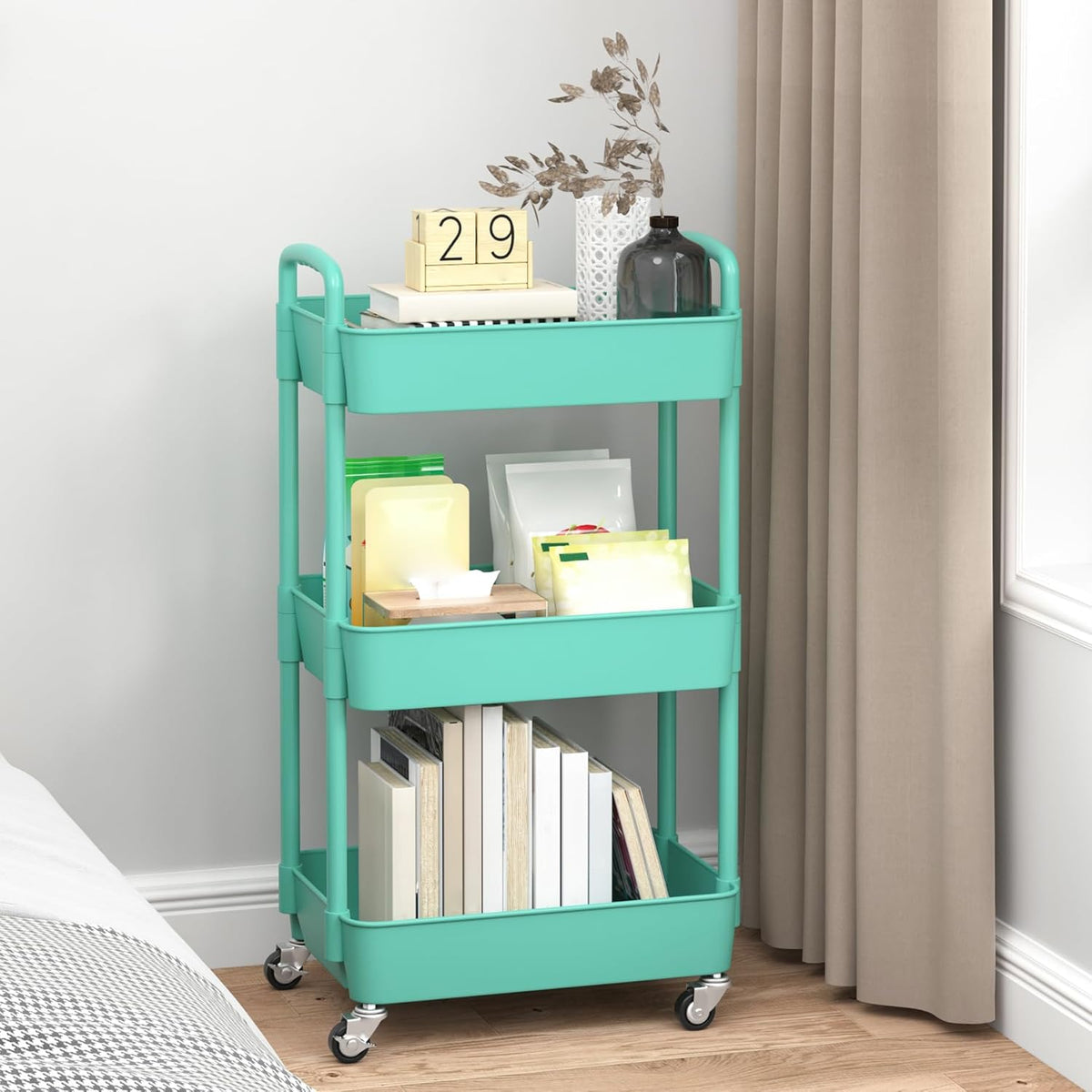 Sywhitta 3-Tier Plastic Rolling Utility Cart with Wheels for Storage,White