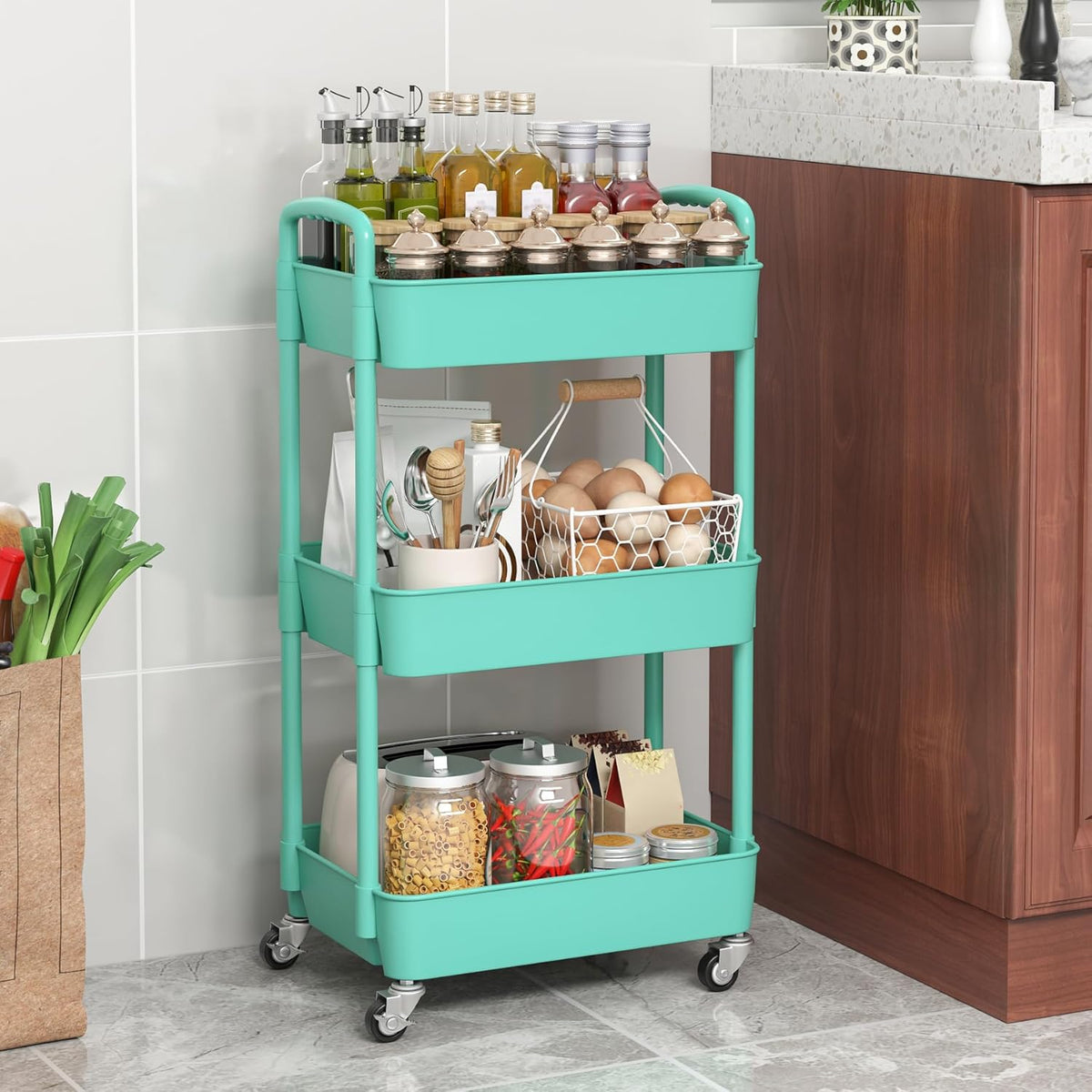 Sywhitta 3-Tier Plastic Rolling Utility Cart with Wheels for Storage,White