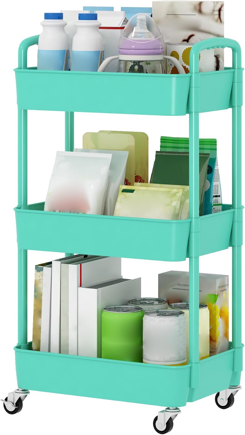 Sywhitta 3-Tier Plastic Rolling Utility Cart with Wheels for Storage,White