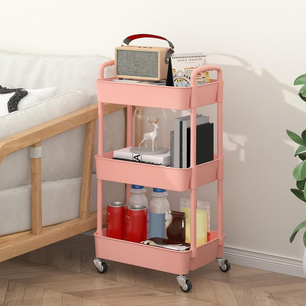 Sywhitta 3-Tier Plastic Rolling Utility Cart with Wheels for Storage,White