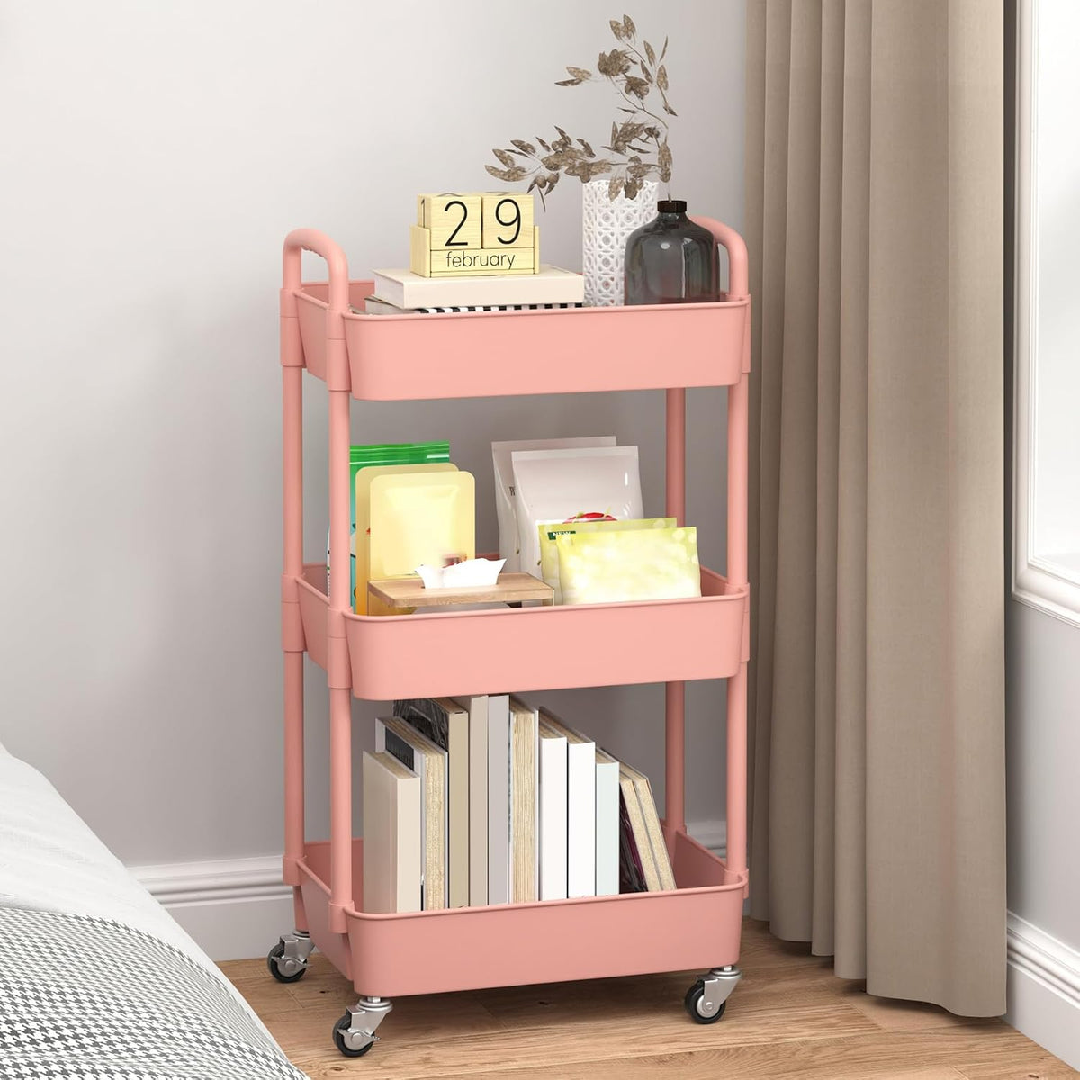 Sywhitta 3-Tier Plastic Rolling Utility Cart with Wheels for Storage,White