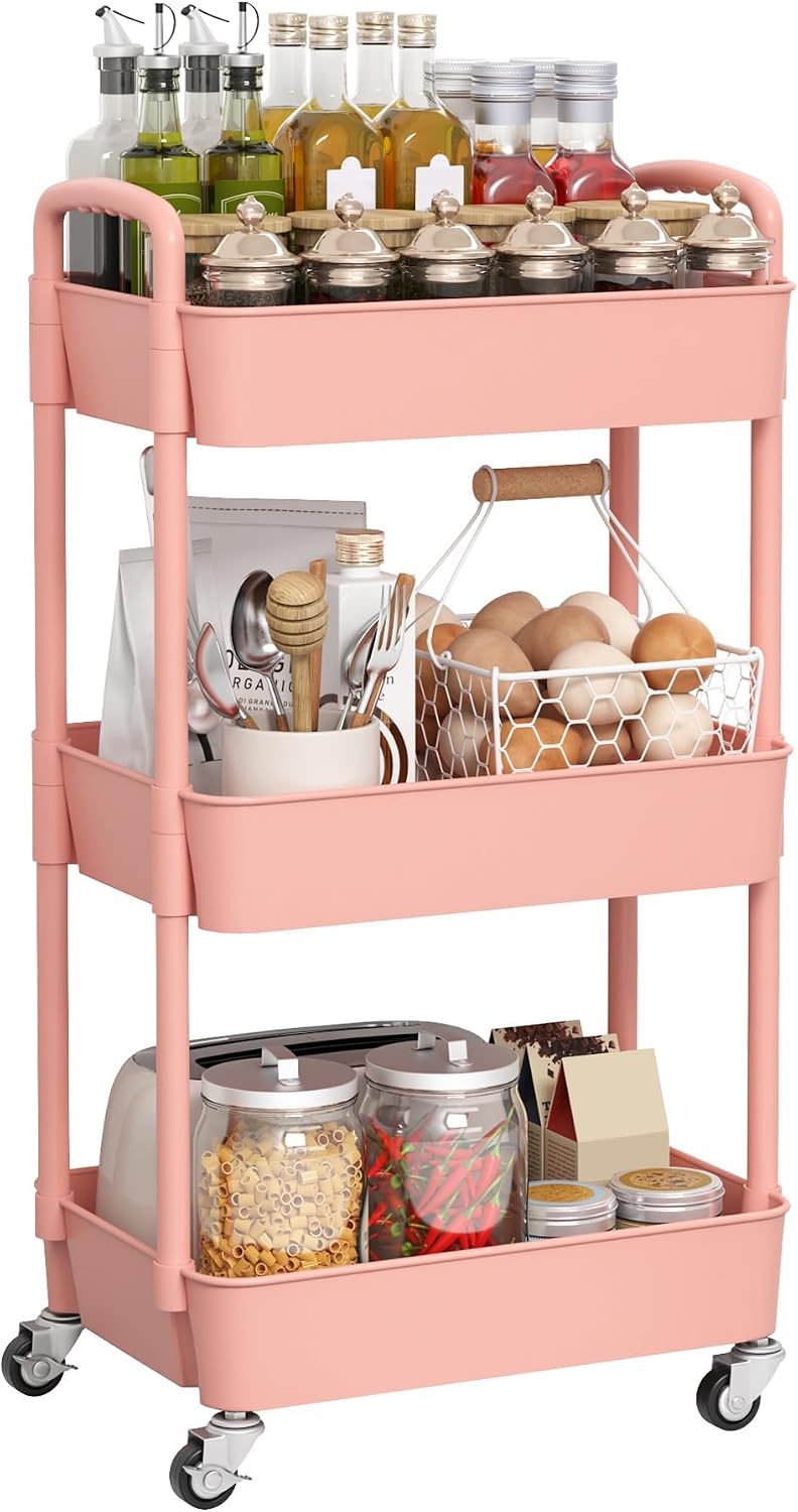 Sywhitta 3-Tier Plastic Rolling Utility Cart with Wheels for Storage,White