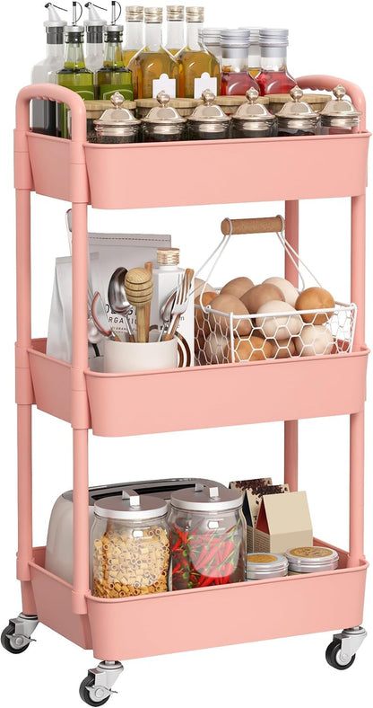 Sywhitta 3-Tier Plastic Rolling Utility Cart with Wheels for Storage,White
