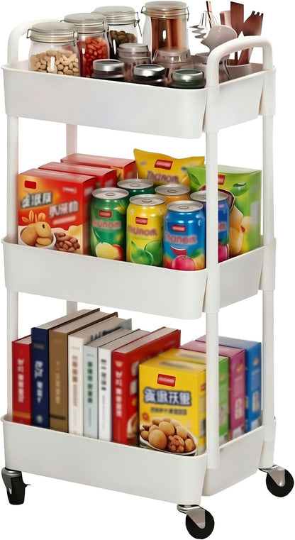 Sywhitta 3-Tier Plastic Rolling Utility Cart with Wheels for Storage,White