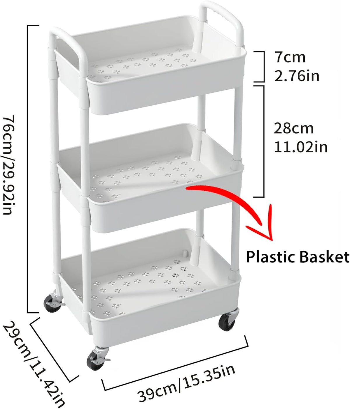Sywhitta 3-Tier Plastic Rolling Utility Cart with Wheels for Storage,White