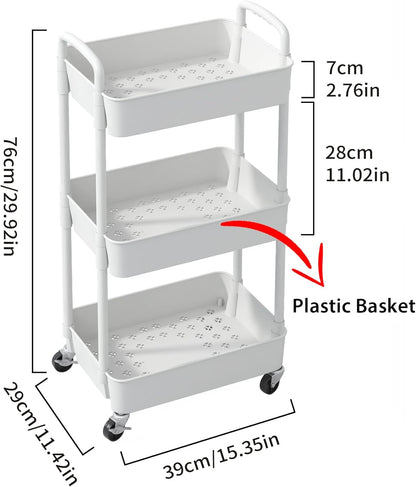 Sywhitta 3-Tier Plastic Rolling Utility Cart with Wheels for Storage,White