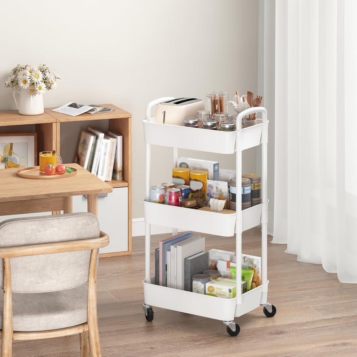 Sywhitta 3-Tier Plastic Rolling Utility Cart with Wheels for Storage,White