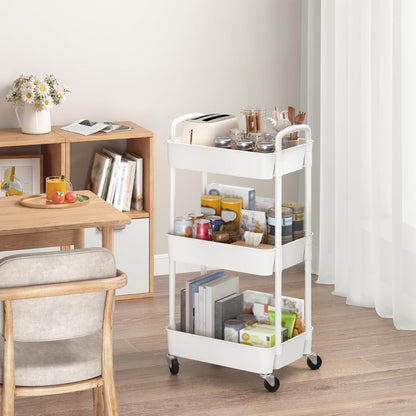 Sywhitta 3-Tier Plastic Rolling Utility Cart with Wheels for Storage,White