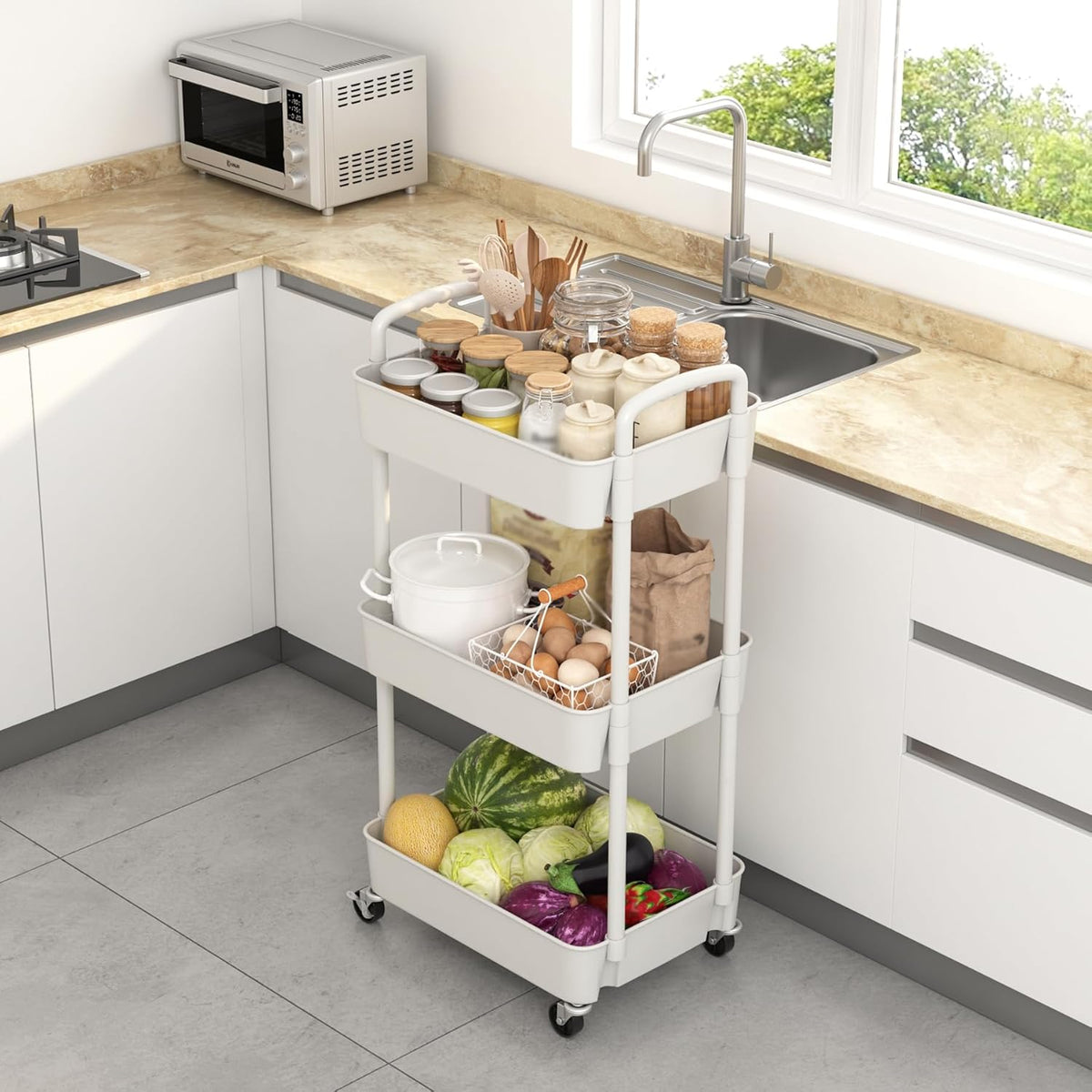 Sywhitta 3-Tier Plastic Rolling Utility Cart with Wheels for Storage,White