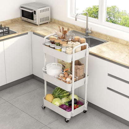 Sywhitta 3-Tier Plastic Rolling Utility Cart with Wheels for Storage,White