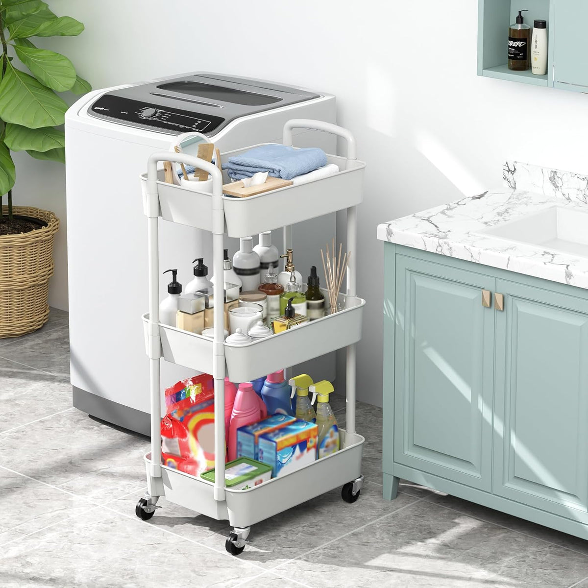 Sywhitta 3-Tier Plastic Rolling Utility Cart with Wheels for Storage,White