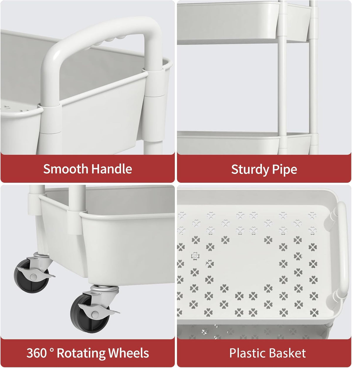 Sywhitta 3-Tier Plastic Rolling Utility Cart with Wheels for Storage,White