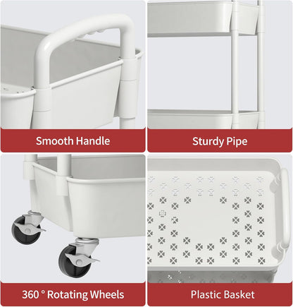 Sywhitta 3-Tier Plastic Rolling Utility Cart with Wheels for Storage,White