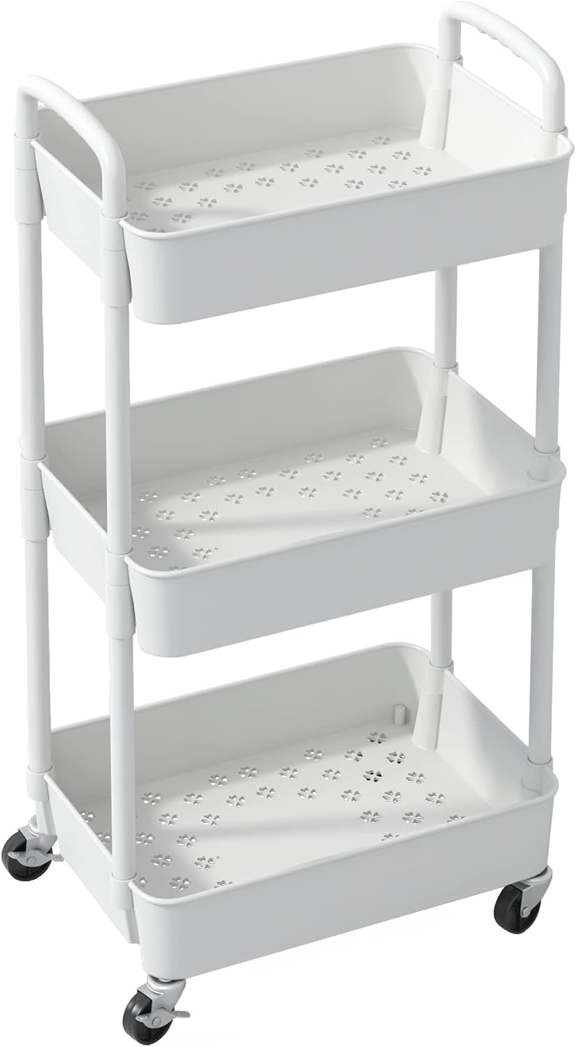 Sywhitta 3-Tier Plastic Rolling Utility Cart with Wheels for Storage,White