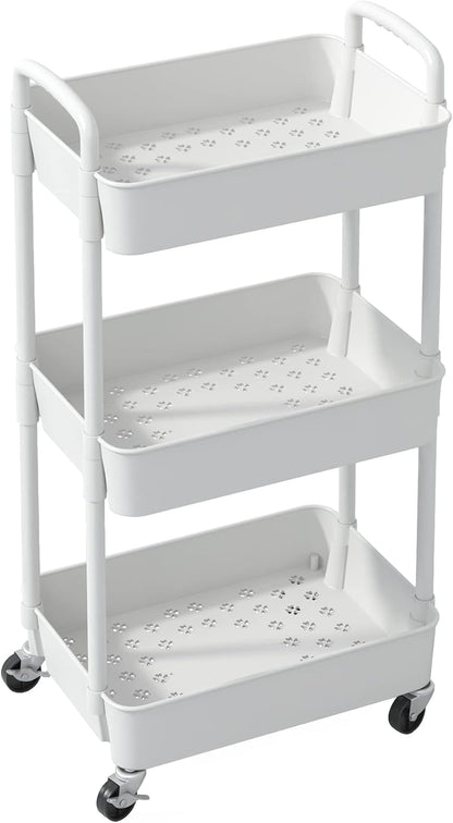 Sywhitta 3-Tier Plastic Rolling Utility Cart with Wheels for Storage,White