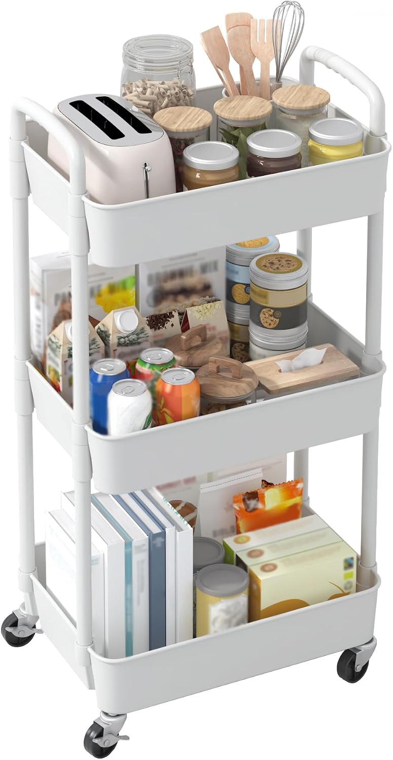 Sywhitta 3-Tier Plastic Rolling Utility Cart with Wheels for Storage,White