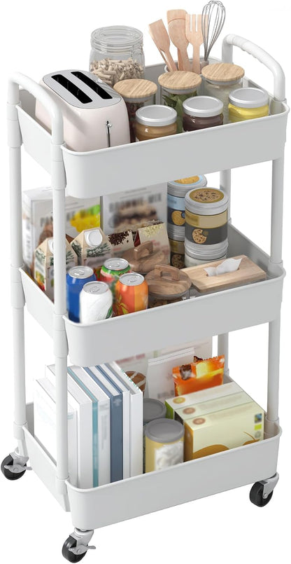 Sywhitta 3-Tier Plastic Rolling Utility Cart with Wheels for Storage,White