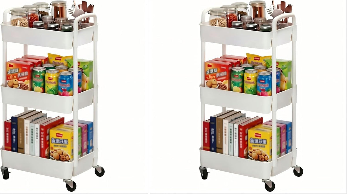 Sywhitta 3-Tier Plastic Rolling Utility Cart with Wheels for Storage,White
