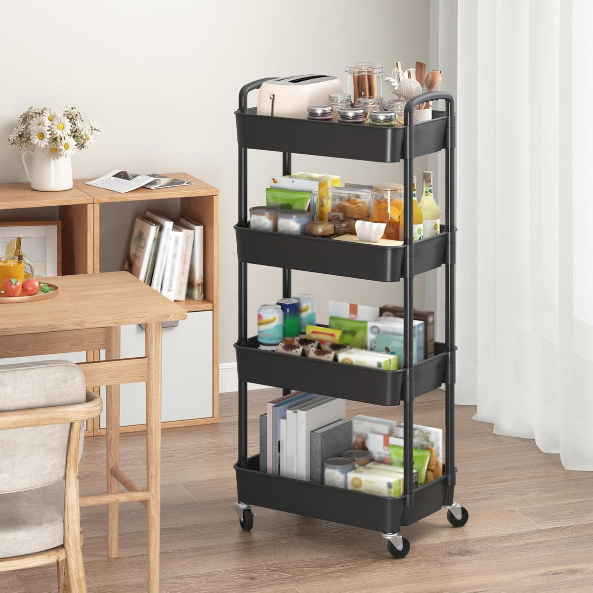 Sywhitta 3-Tier Plastic Rolling Utility Cart with Wheels for Storage,White