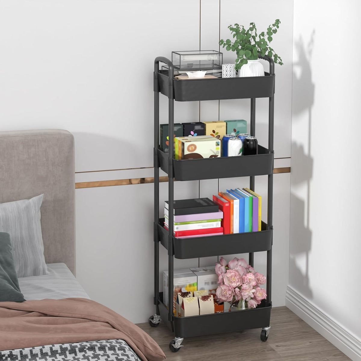 Sywhitta 3-Tier Plastic Rolling Utility Cart with Wheels for Storage,White