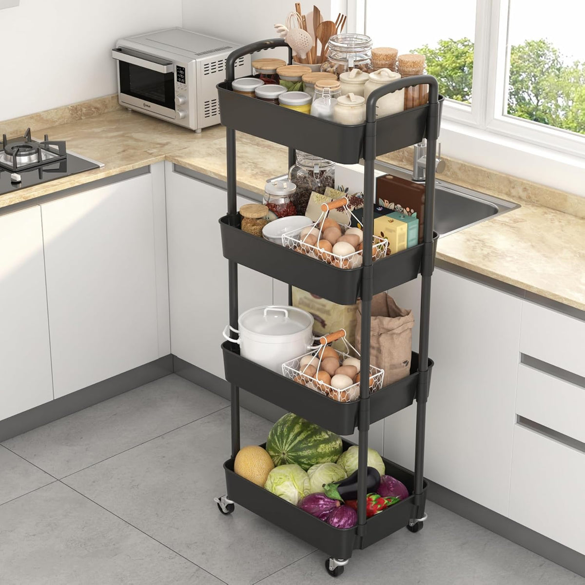 Sywhitta 3-Tier Plastic Rolling Utility Cart with Wheels for Storage,White