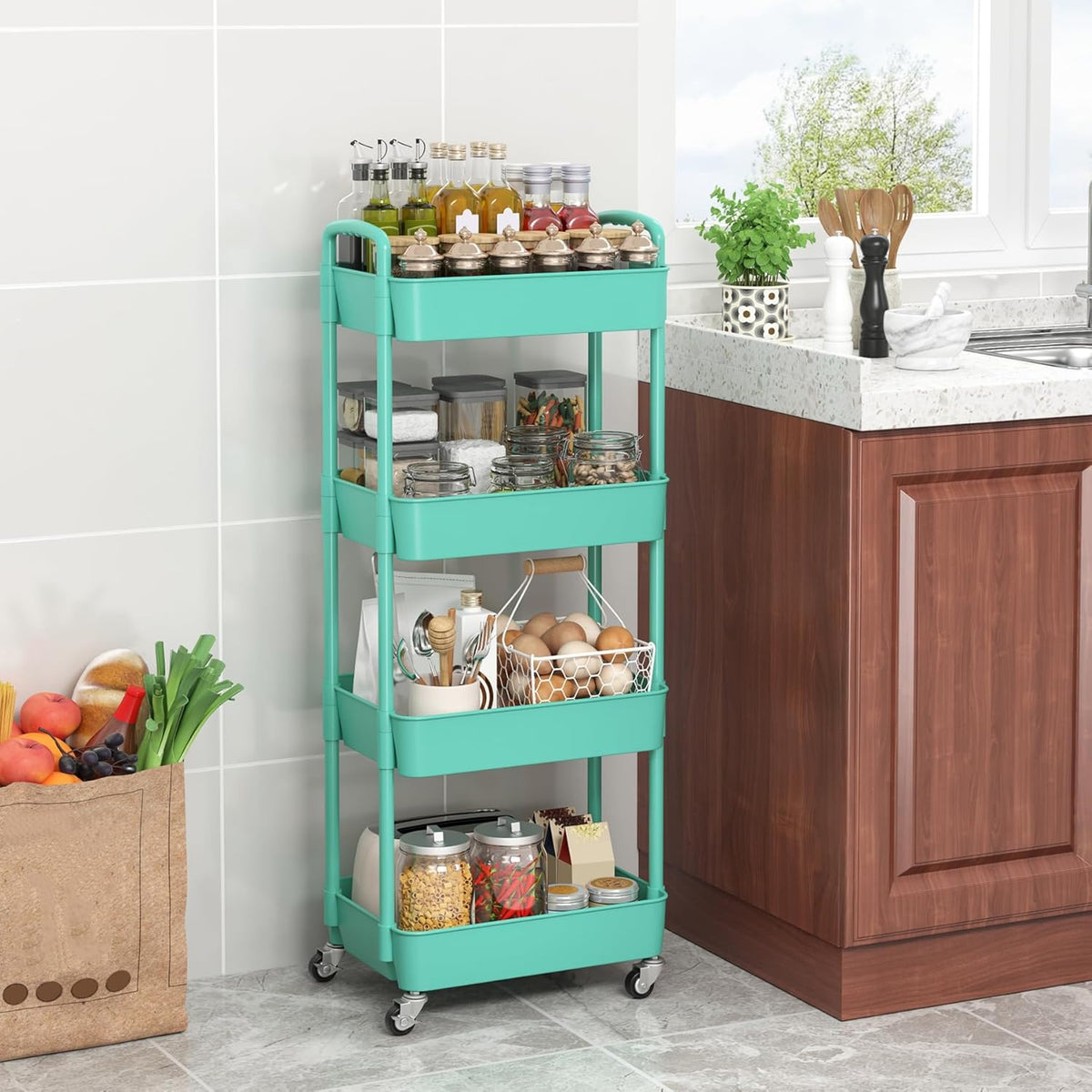 Sywhitta 3-Tier Plastic Rolling Utility Cart with Wheels for Storage,White