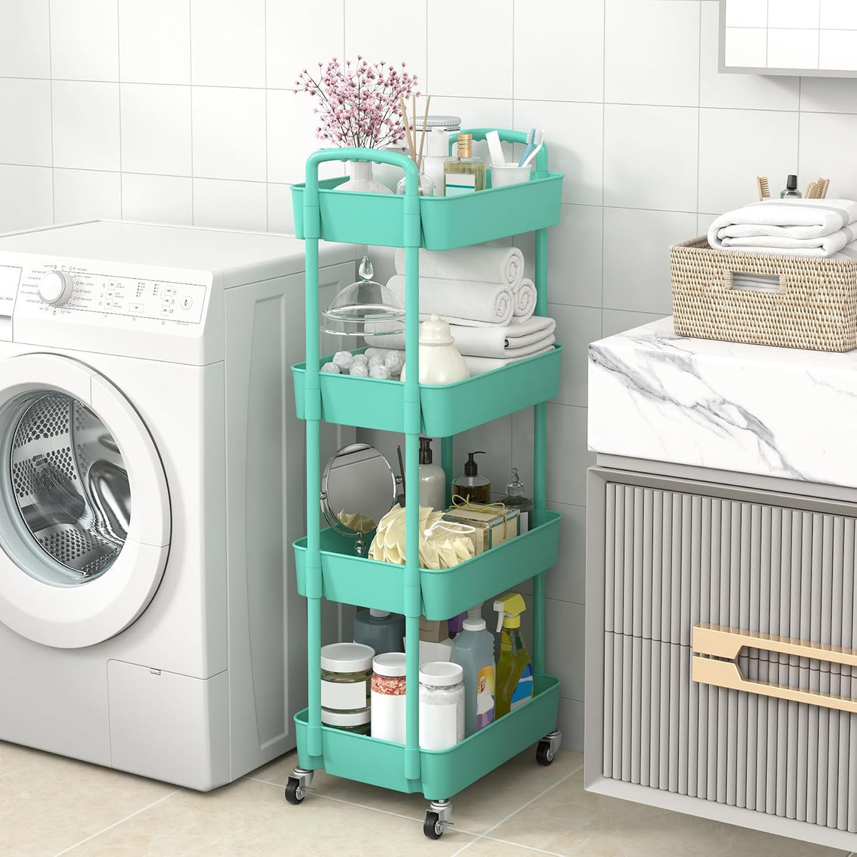 Sywhitta 3-Tier Plastic Rolling Utility Cart with Wheels for Storage,White