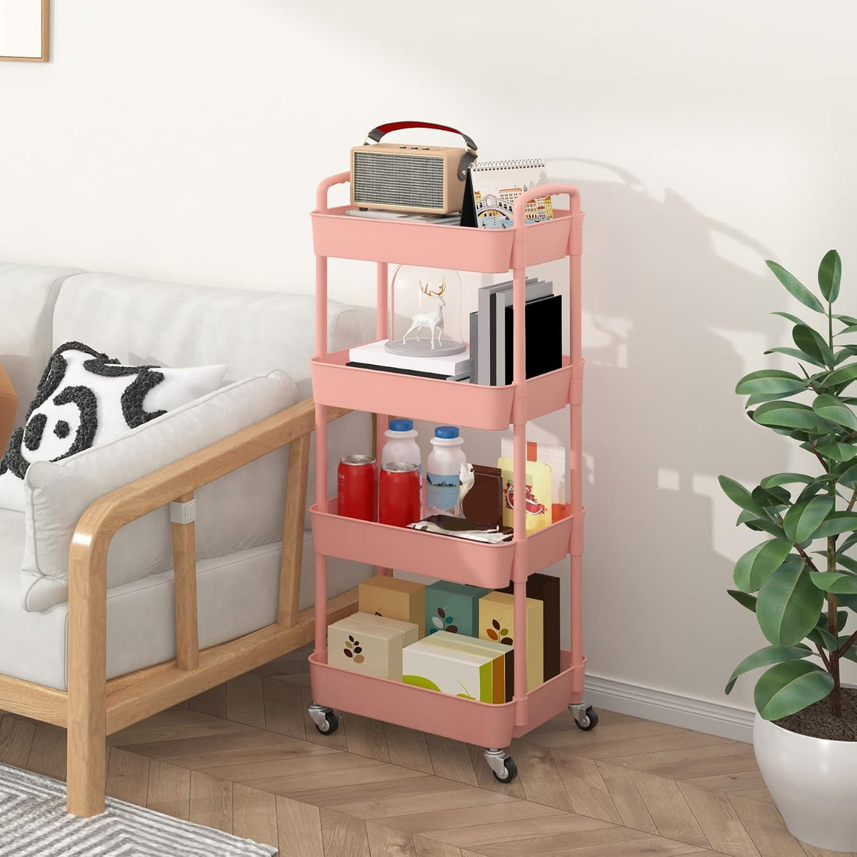 Sywhitta 3-Tier Plastic Rolling Utility Cart with Wheels for Storage,White