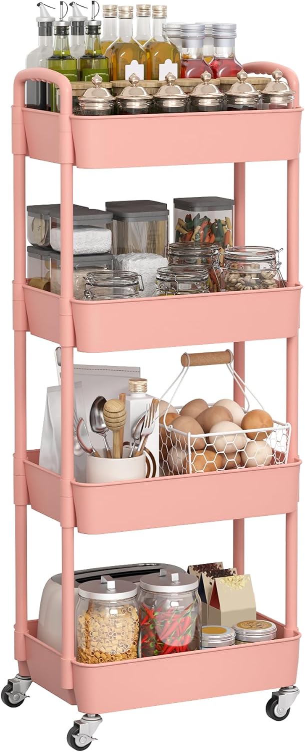 Sywhitta 3-Tier Plastic Rolling Utility Cart with Wheels for Storage,White