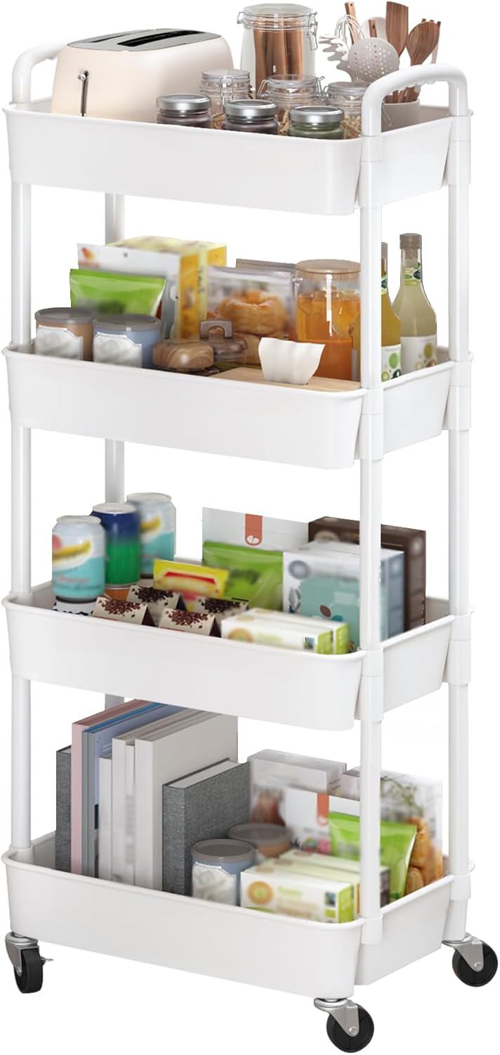 Sywhitta 3-Tier Plastic Rolling Utility Cart with Wheels for Storage,White
