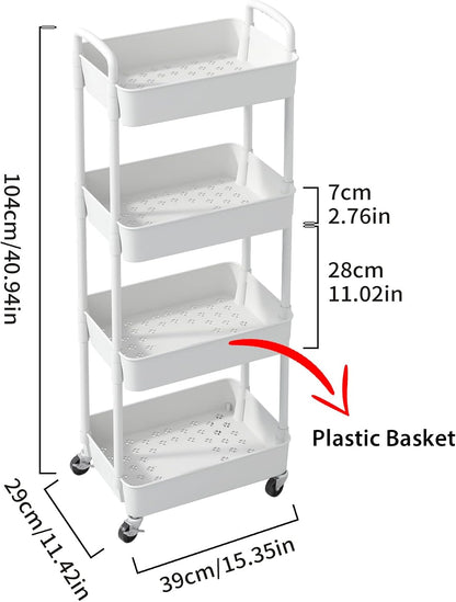 Sywhitta 3-Tier Plastic Rolling Utility Cart with Wheels for Storage,White