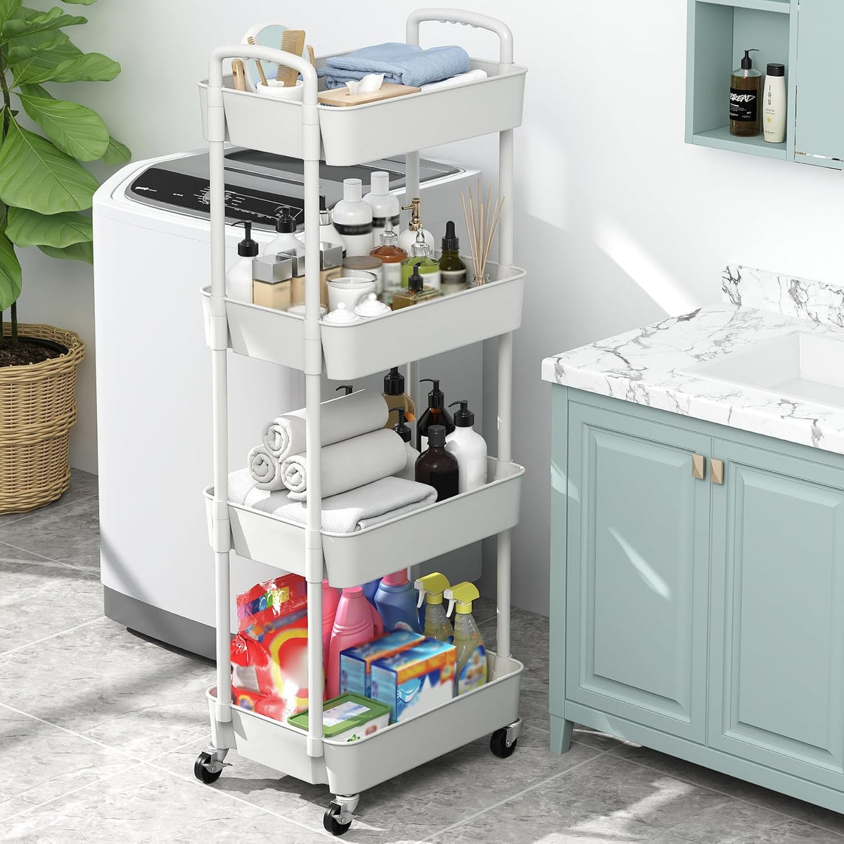 Sywhitta 3-Tier Plastic Rolling Utility Cart with Wheels for Storage,White