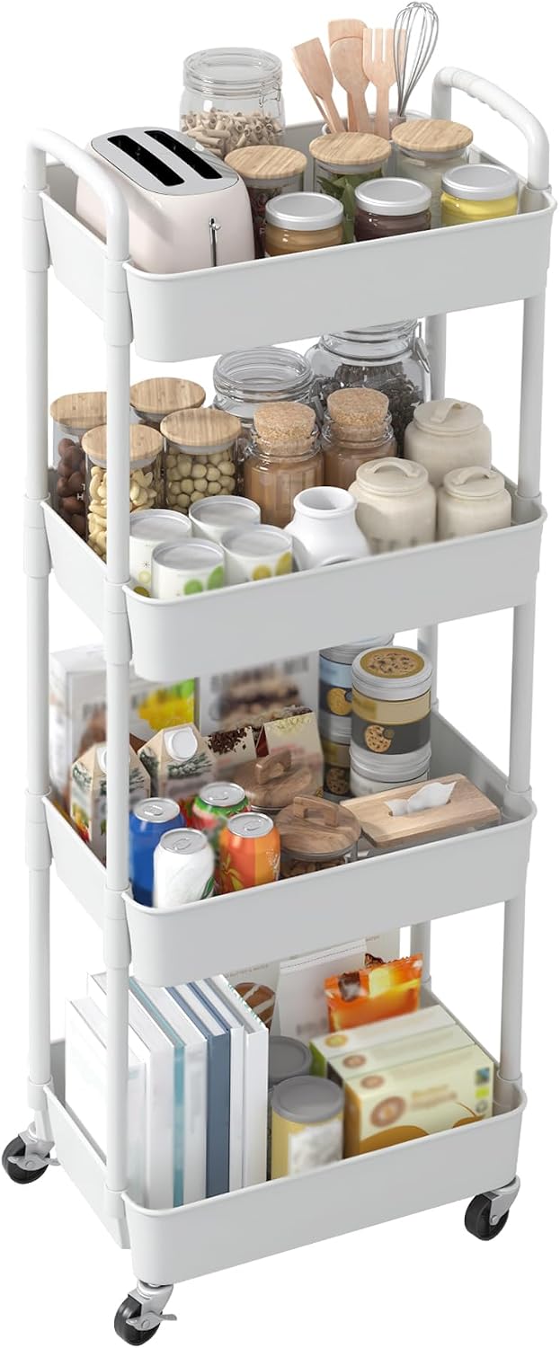 Sywhitta 3-Tier Plastic Rolling Utility Cart with Wheels for Storage,White