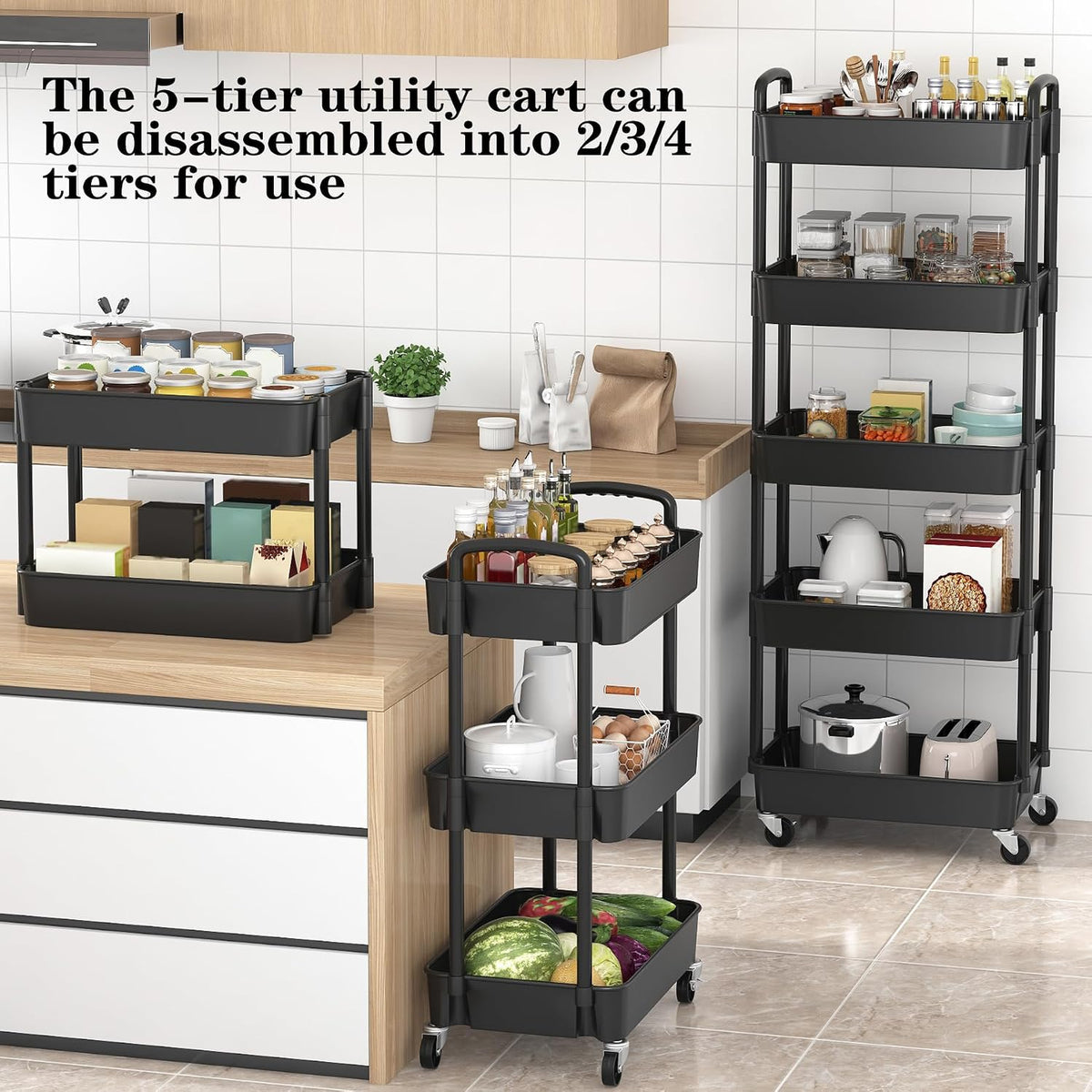 Sywhitta 3-Tier Plastic Rolling Utility Cart with Wheels for Storage,White