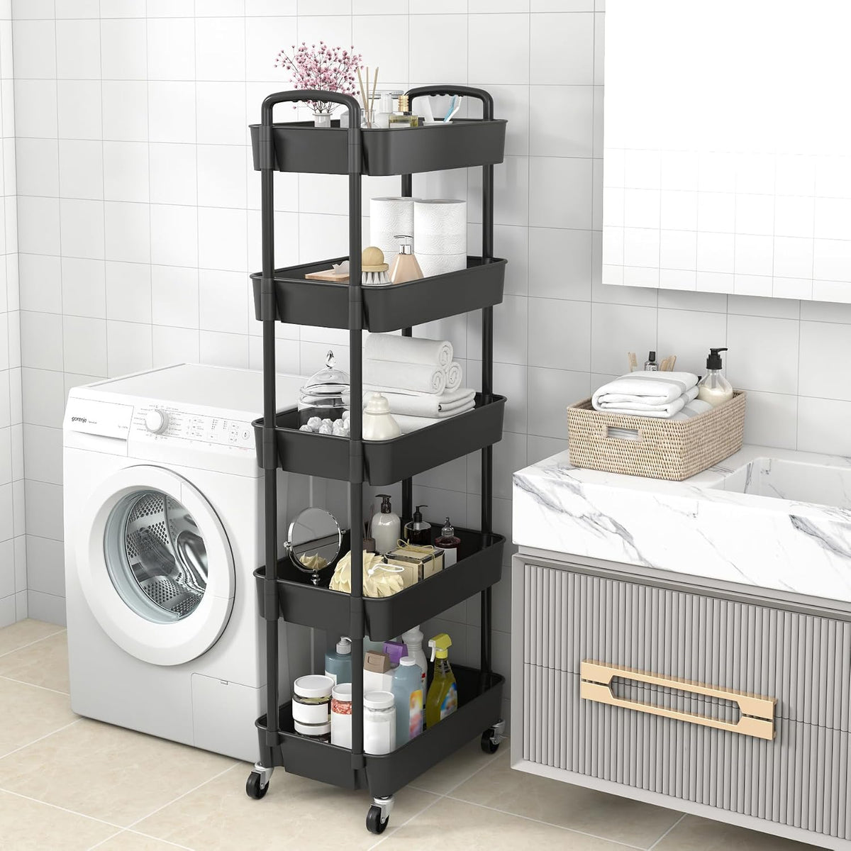 Sywhitta 3-Tier Plastic Rolling Utility Cart with Wheels for Storage,White
