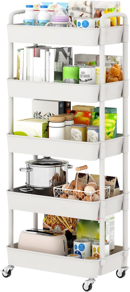Sywhitta 3-Tier Plastic Rolling Utility Cart with Wheels for Storage,White