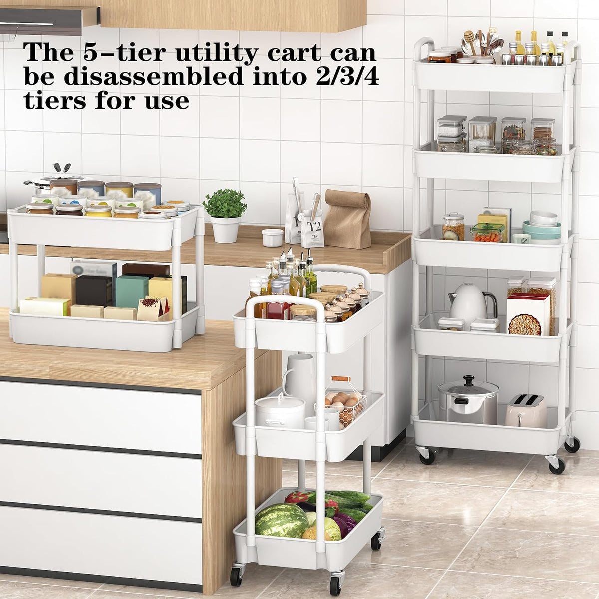 Sywhitta 3-Tier Plastic Rolling Utility Cart with Wheels for Storage,White